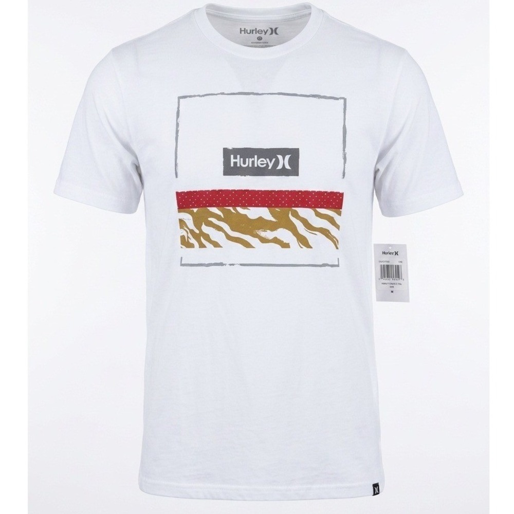 Hurley Mens Faux PRM Tee White Graphic T-Shirt Tiger Stripe Red Polka Dot M NEW